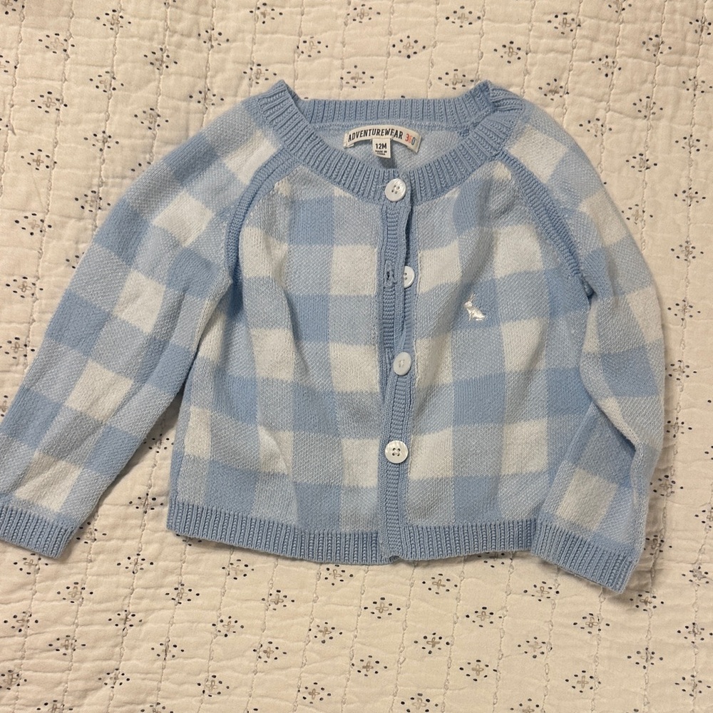 Baby Blue & White Check Cardigan Sweater